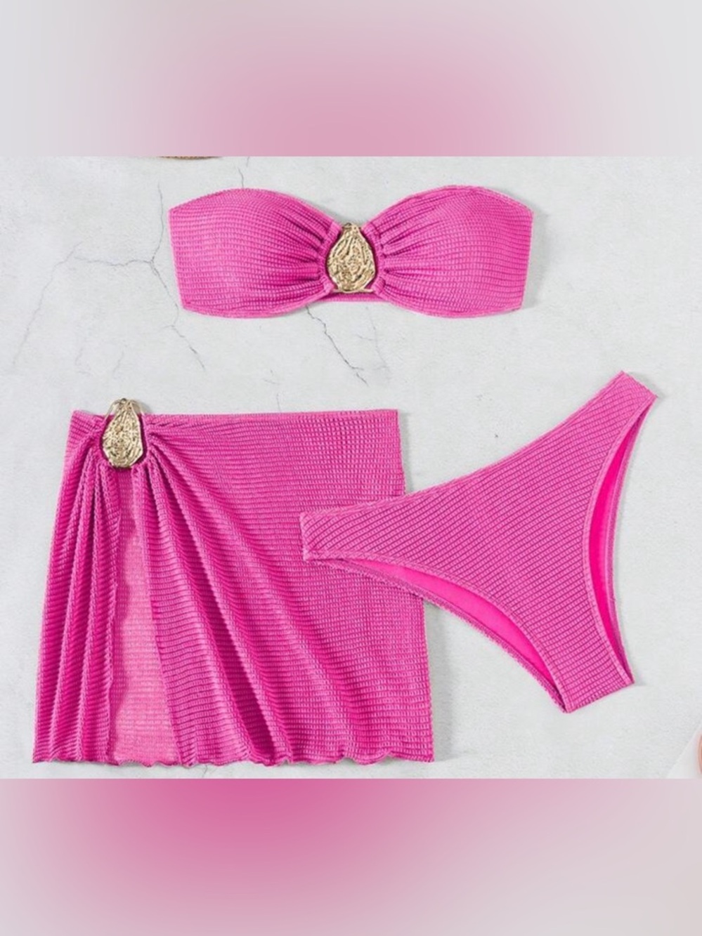 Hot Pink Ribbed Bikini Set with Sarong